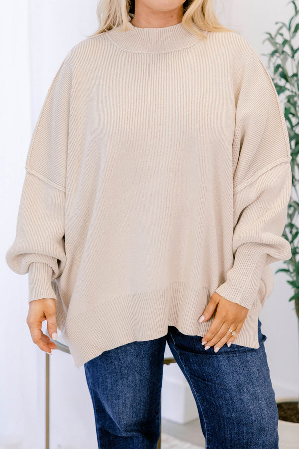 Chic Soul plus size clothing, beige puff sleeve oversized fit mock neck sweater