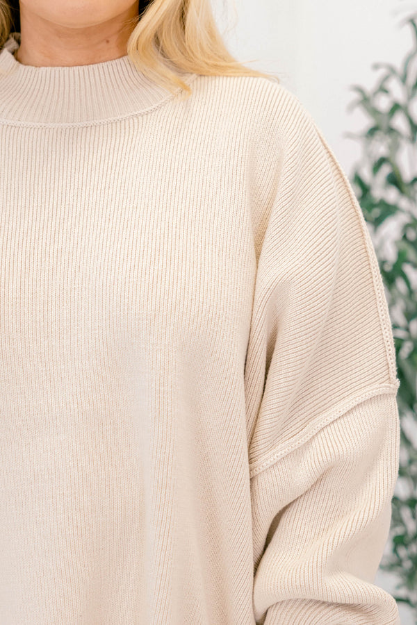 Chic Soul plus size clothing, beige puff sleeve oversized fit mock neck sweater