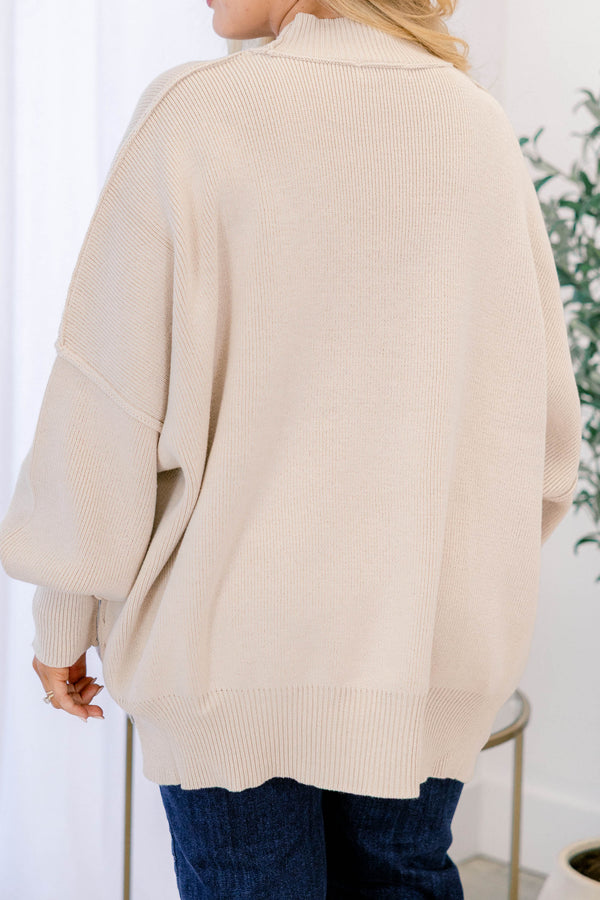 Chic Soul plus size clothing, beige puff sleeve oversized fit mock neck sweater