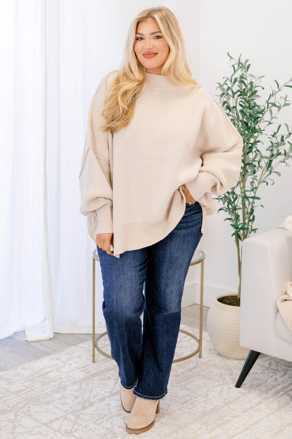 Chic Soul plus size clothing, beige puff sleeve oversized fit mock neck sweater