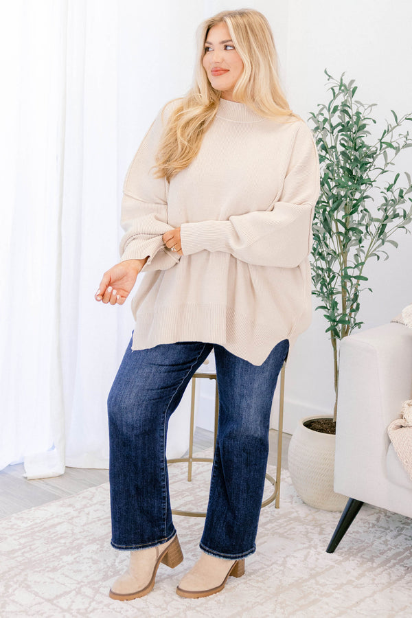 Chic Soul plus size clothing, beige puff sleeve oversized fit mock neck sweater