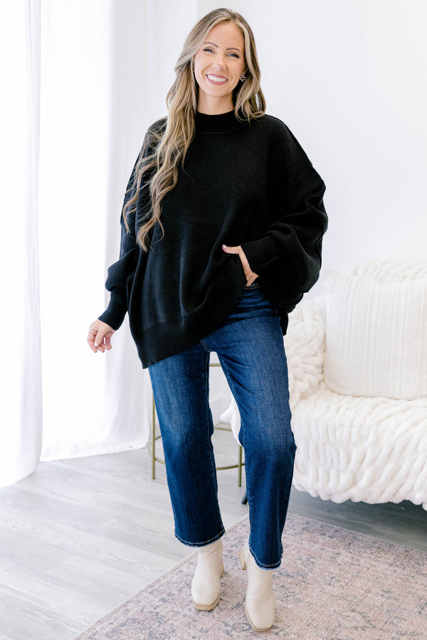 Chic Soul plus size clothing, black puff sleeve oversized fit mock neck sweater
