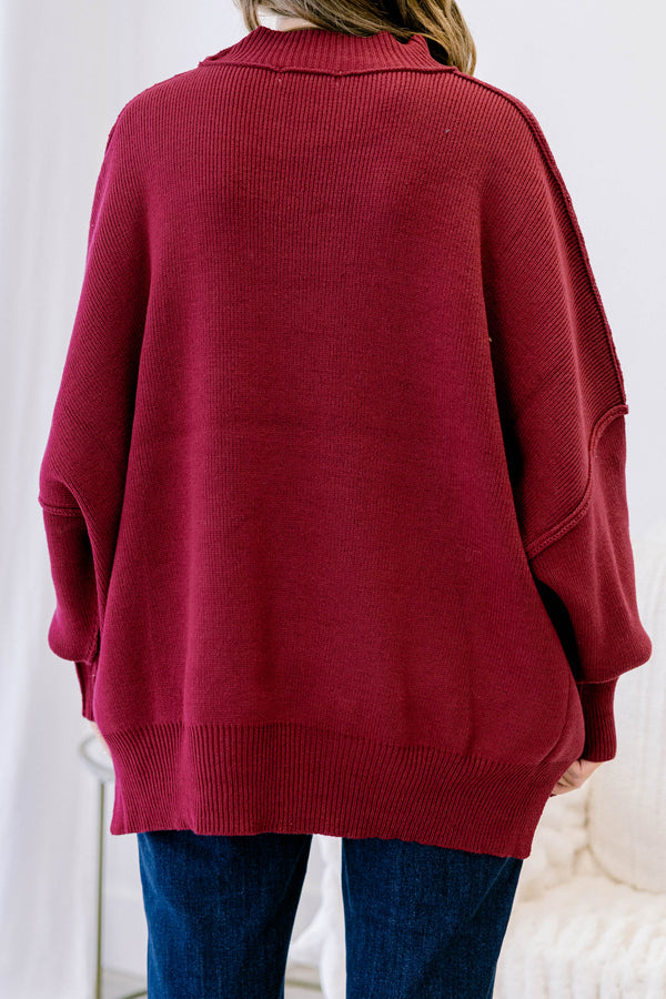 Chic Soul plus size clothing, dark red long sleeve relaxed fit mock neck sweater