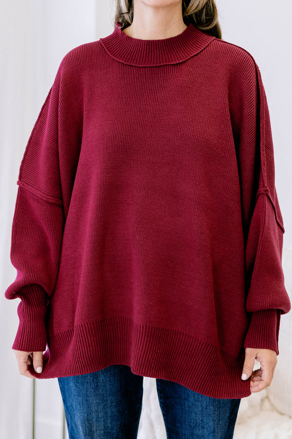 Chic Soul plus size clothing, dark red long sleeve relaxed fit mock neck sweater