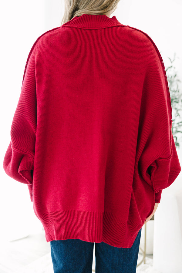 Chic Soul plus size clothing, dark red long sleeve relaxed fit mock neck sweater