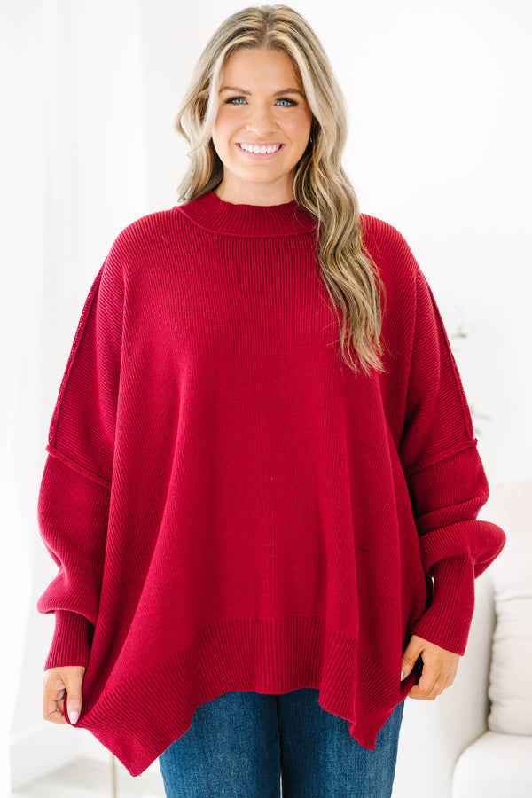 Chic Soul plus size clothing, dark red long sleeve relaxed fit mock neck sweater