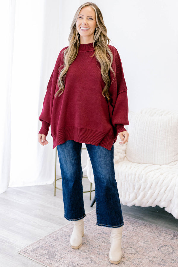 Chic Soul plus size clothing, dark red long sleeve relaxed fit mock neck sweater