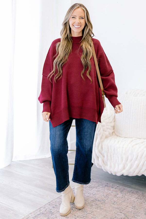 Chic Soul plus size clothing, dark red long sleeve relaxed fit mock neck sweater