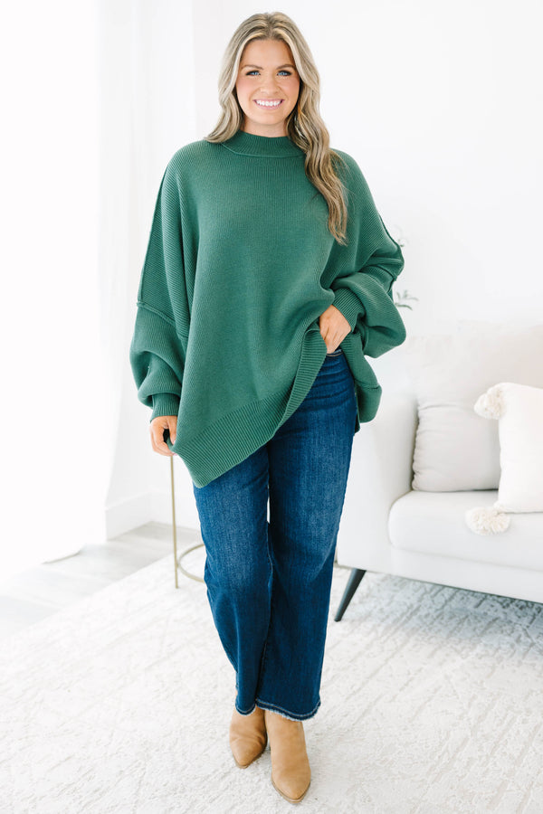 Chic Soul plus size clothing, dark green mock neck long sleeve tunic sweater