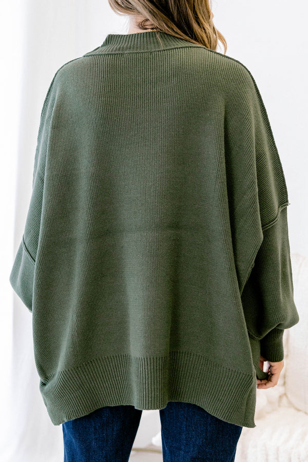 Chic Soul plus size clothing, dark olive green long sleeve relaxed fit mock neck sweater