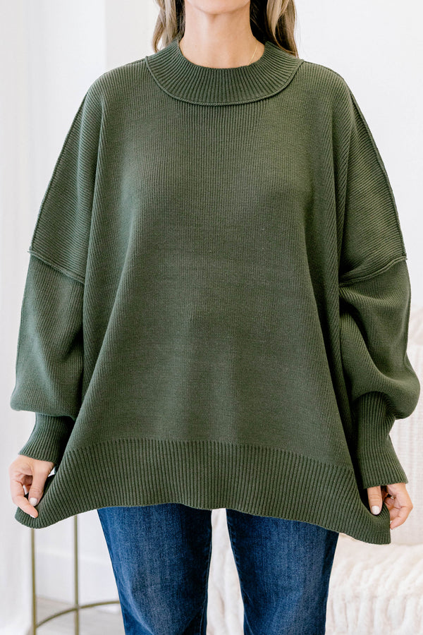 Chic Soul plus size clothing, dark olive green long sleeve relaxed fit mock neck sweater