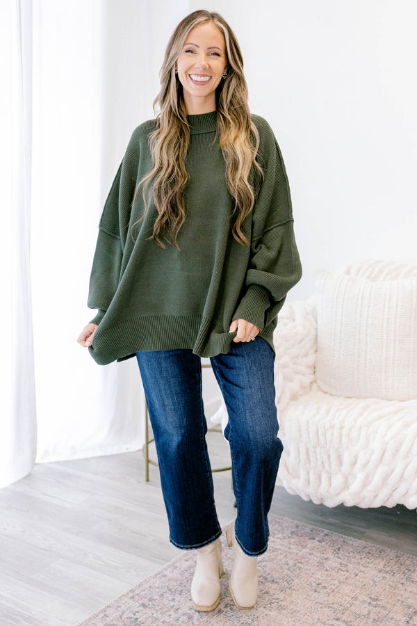 Chic Soul plus size clothing, dark olive green long sleeve relaxed fit mock neck sweater