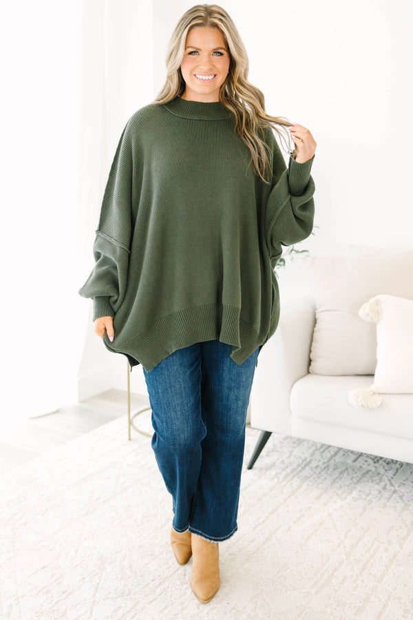 Chic Soul plus size clothing, dark olive green long sleeve relaxed fit mock neck sweater