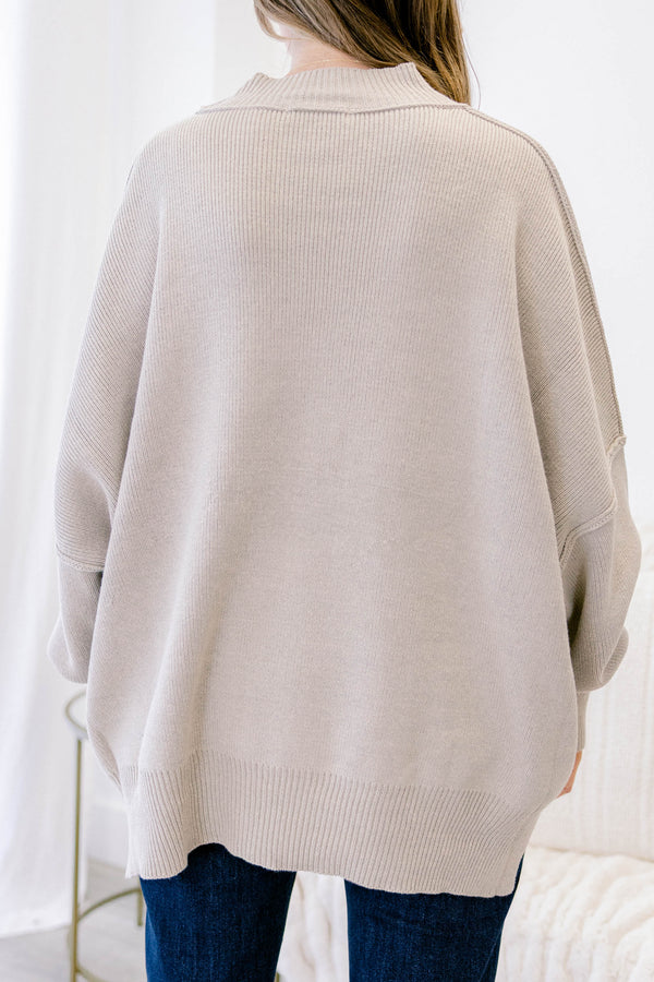 Chic Soul plus size clothing, light tan long sleeve relaxed fit mock neck sweater