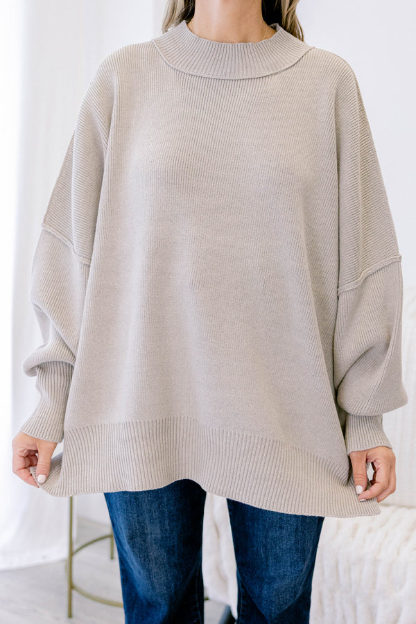 Chic Soul plus size clothing, light tan long sleeve relaxed fit mock neck sweater