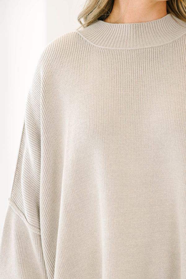 Chic Soul plus size clothing, light tan long sleeve relaxed fit mock neck sweater