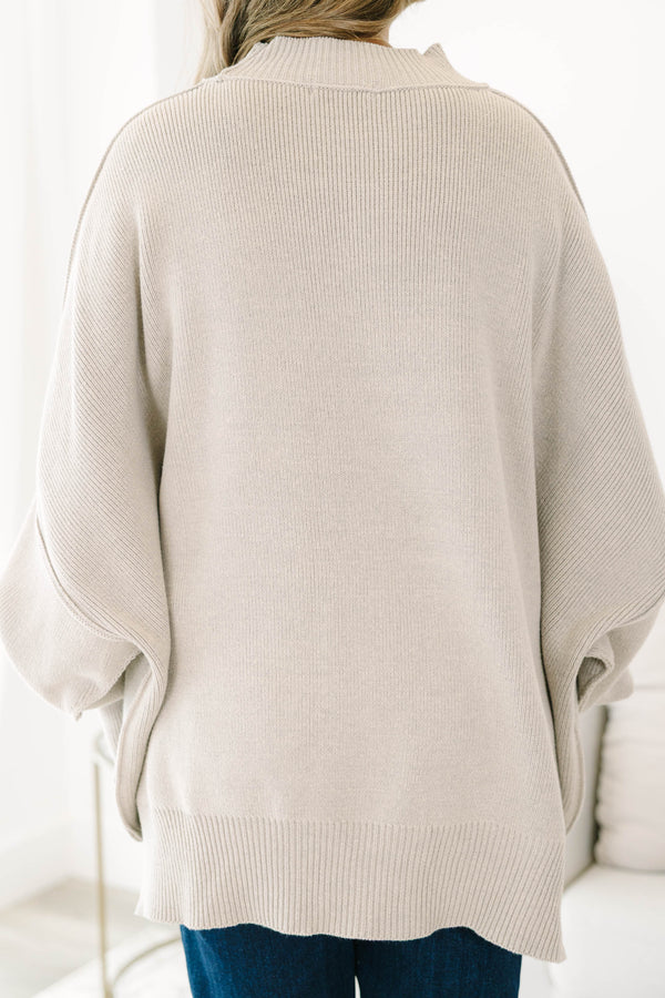 Chic Soul plus size clothing, light tan long sleeve relaxed fit mock neck sweater