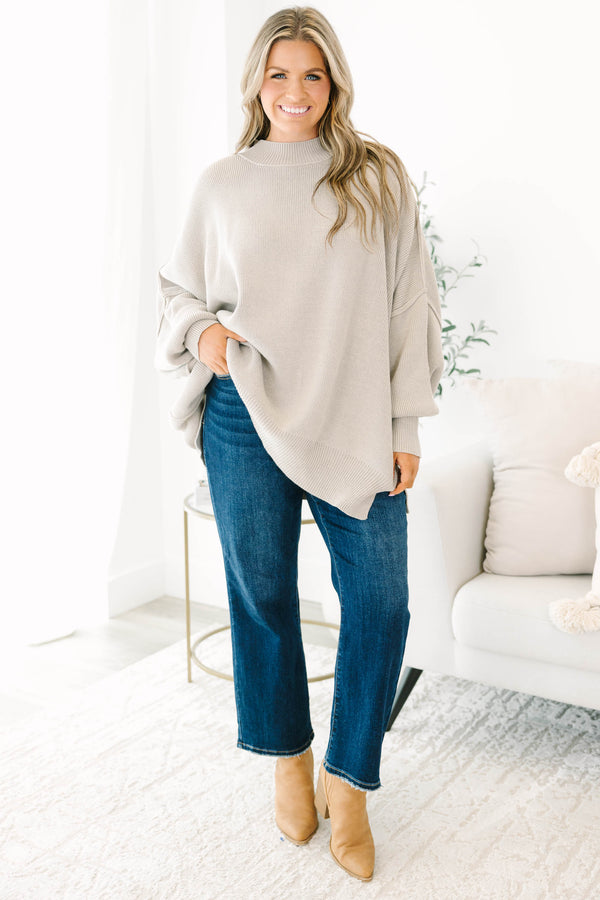 Chic Soul plus size clothing, light tan long sleeve relaxed fit mock neck sweater