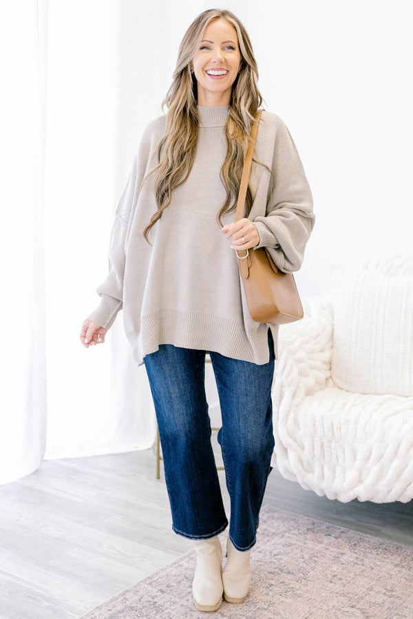 Chic Soul plus size clothing, light tan long sleeve relaxed fit mock neck sweater