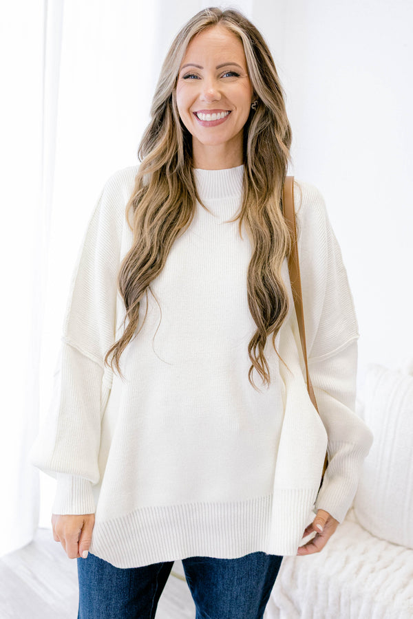 Chic Soul plus size clothing, ivory puff sleeve oversized fit mock neck sweater