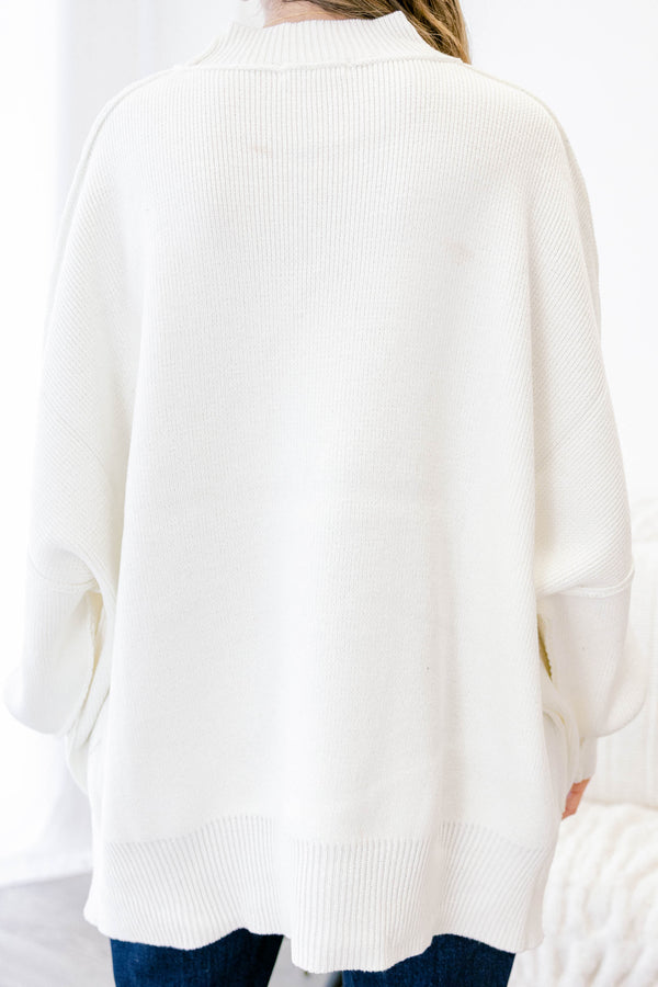 Chic Soul plus size clothing, ivory puff sleeve oversized fit mock neck sweater