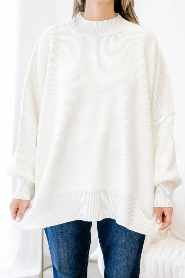 Chic Soul plus size clothing, ivory puff sleeve oversized fit mock neck sweater