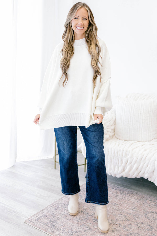 Chic Soul plus size clothing, ivory puff sleeve oversized fit mock neck sweater