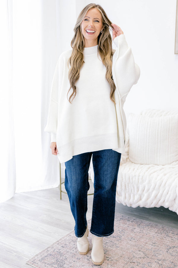 Chic Soul plus size clothing, ivory puff sleeve oversized fit mock neck sweater