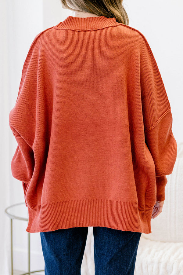 Chic Soul plus size clothing, rust red mock neck long sleeve tunic sweater