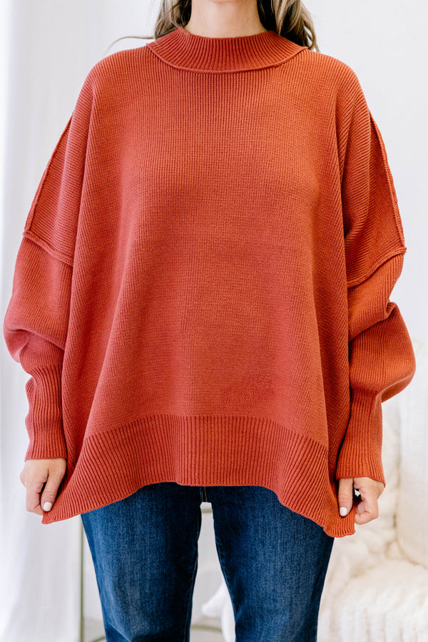 Chic Soul plus size clothing, rust red mock neck long sleeve tunic sweater