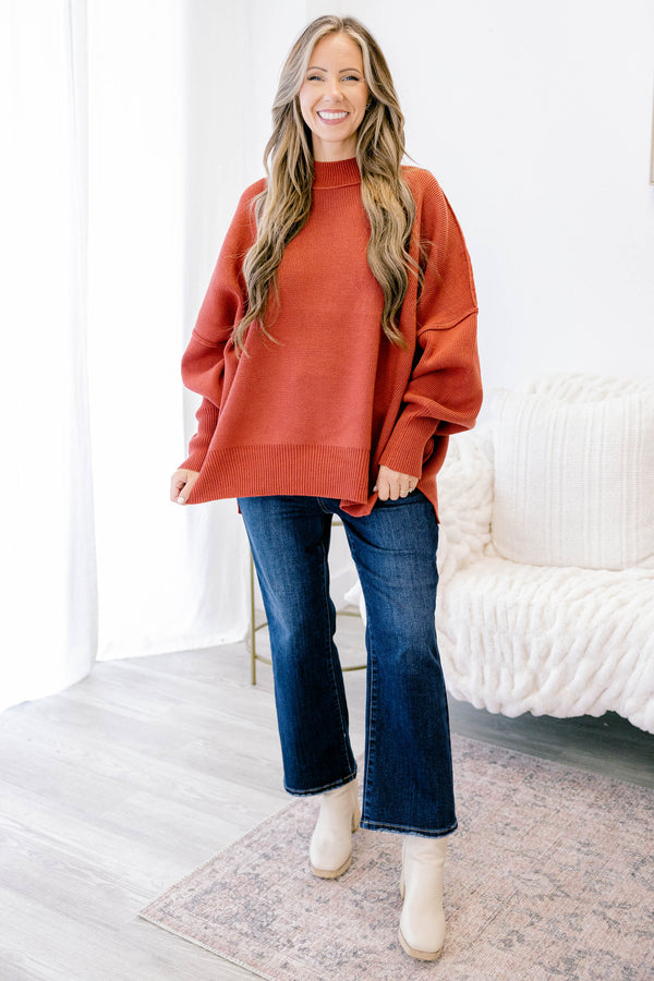 Chic Soul plus size clothing, rust red mock neck long sleeve tunic sweater