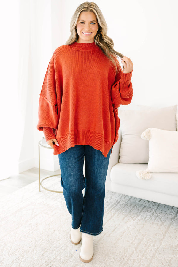 Chic Soul plus size clothing, rust red mock neck long sleeve tunic sweater