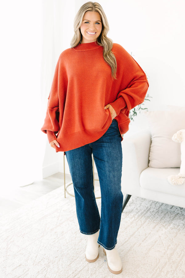 Chic Soul plus size clothing, rust red mock neck long sleeve tunic sweater