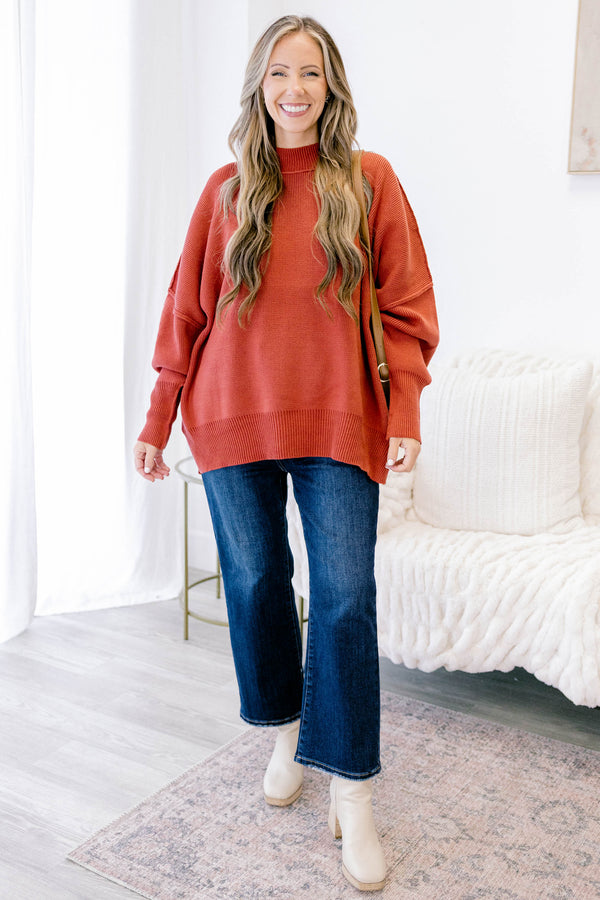 Chic Soul plus size clothing, rust red mock neck long sleeve tunic sweater