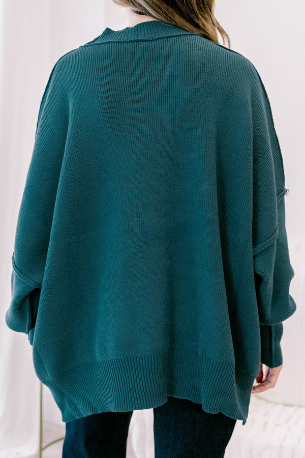 Chic Soul plus size clothing, dark teal puff sleeve oversized fit mock neck sweater