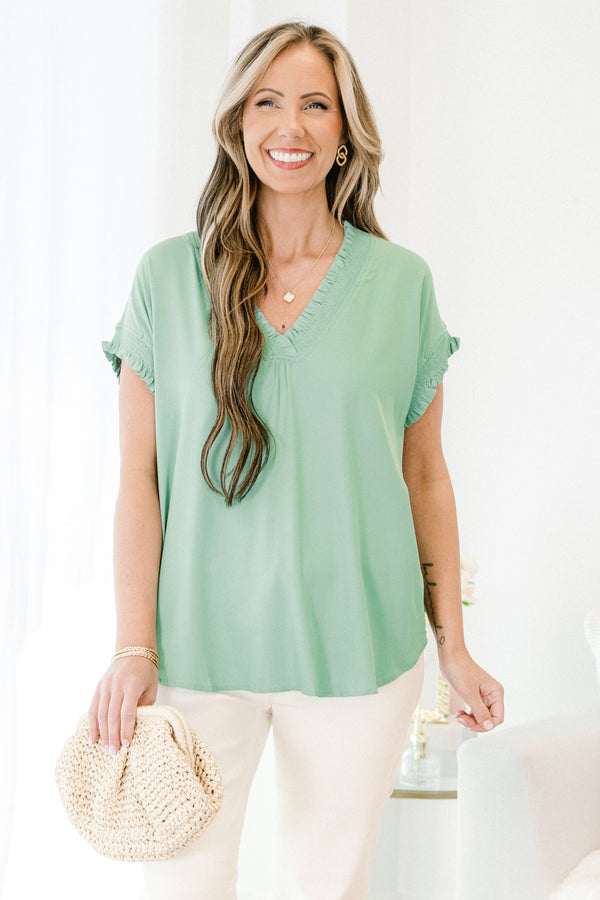 Chic Soul plus size clothing, sage short sleeve plain top with v neckline with ruffle detail along edges of neckline and sleeves