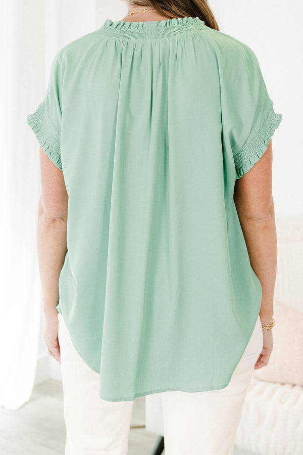 Chic Soul plus size clothing, sage short sleeve plain top with v neckline with ruffle detail along edges of neckline and sleeves