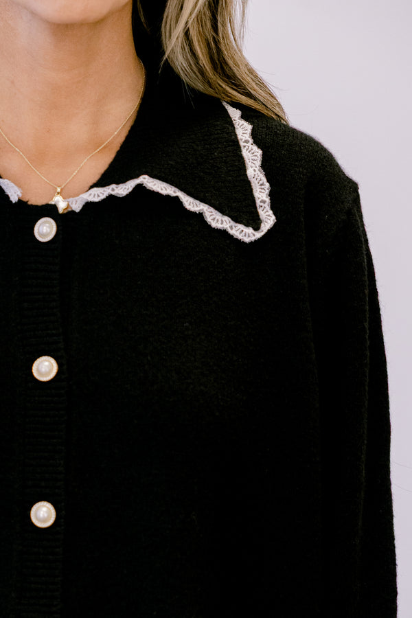 Chic Soul plus size clothing, black long sleeve cardigan with black collar and white scallop trim and seven white buttons down the front