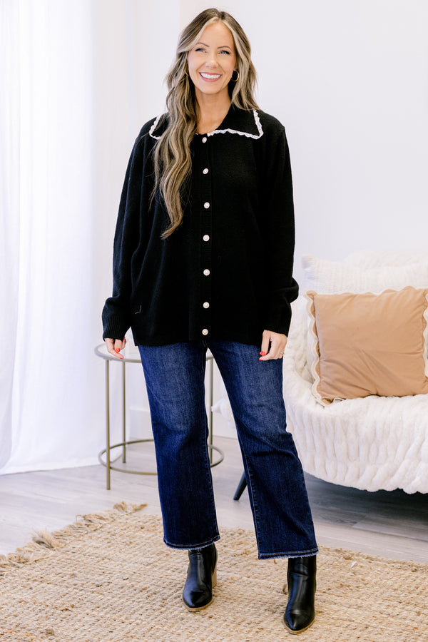 Chic Soul plus size clothing, black long sleeve cardigan with black collar and white scallop trim and seven white buttons down the front