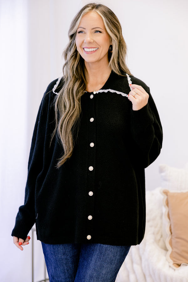 Chic Soul plus size clothing, black long sleeve cardigan with black collar and white scallop trim and seven white buttons down the front