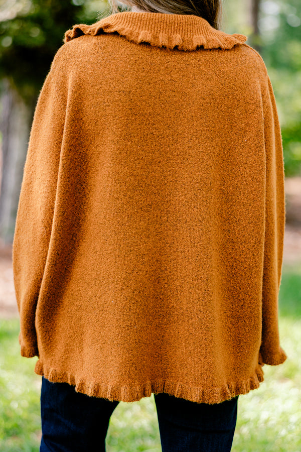 Chic Soul plus size clothing, brown long sleeve fleece button up cardigan with peter pan collar and ruffle detailing on the hem and collar