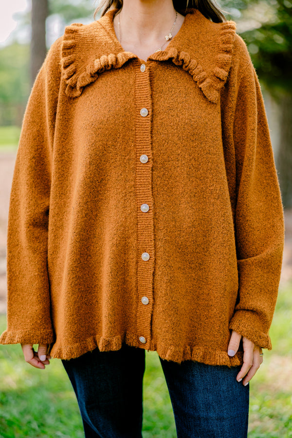 Chic Soul plus size clothing, brown long sleeve fleece button up cardigan with peter pan collar and ruffle detailing on the hem and collar