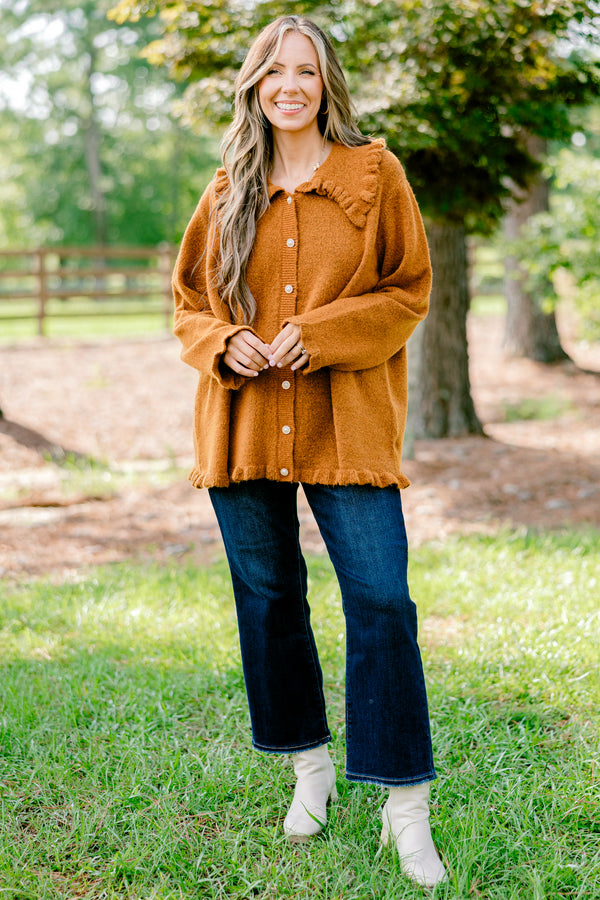 Chic Soul plus size clothing, brown long sleeve fleece button up cardigan with peter pan collar and ruffle detailing on the hem and collar