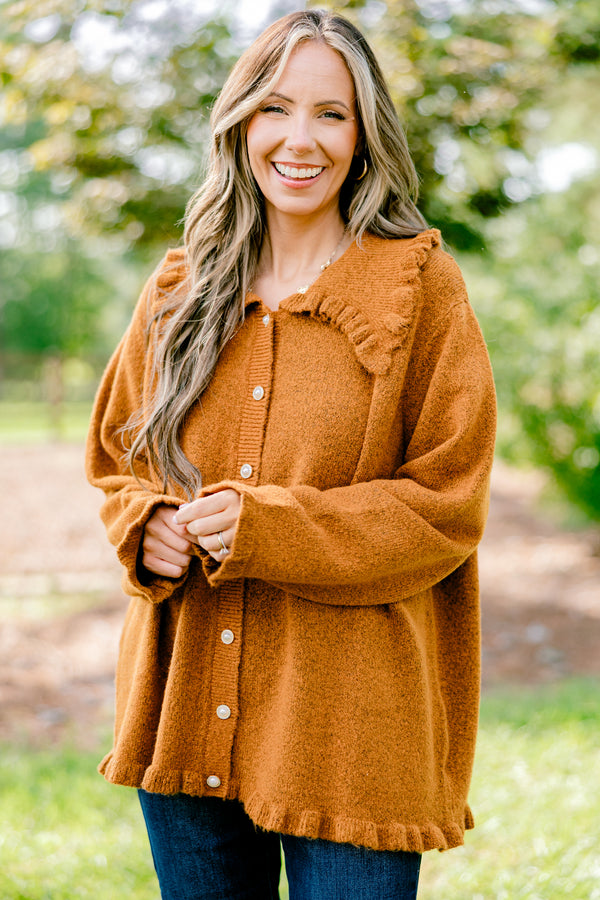 Chic Soul plus size clothing, brown long sleeve fleece button up cardigan with peter pan collar and ruffle detailing on the hem and collar