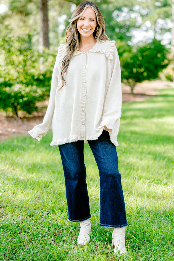 Chic Soul plus size clothing, off-white button up long sleeve cardigan with oversized collar and ruffle detailing on sleeves, hem, and collar
