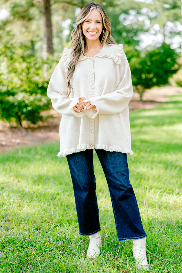 Chic Soul plus size clothing, off-white button up long sleeve cardigan with oversized collar and ruffle detailing on sleeves, hem, and collar