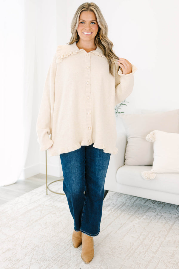 Chic Soul plus size clothing, off-white button up long sleeve cardigan with oversized collar and ruffle detailing on sleeves, hem, and collar