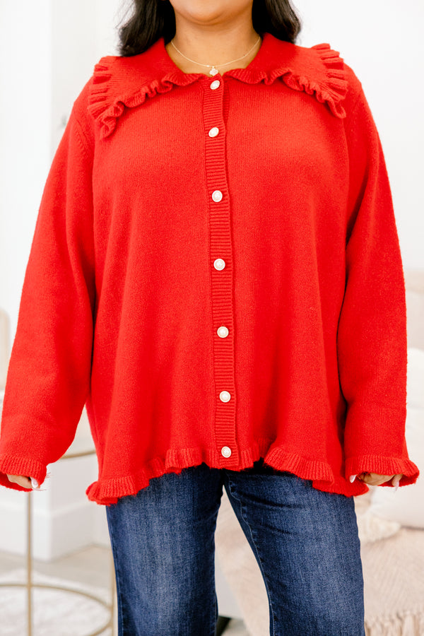 Chic Soul plus size clothing, red long sleeve white button down cardigan with frill peter pan collar and frill at the ends of the sleeves and bottom of top