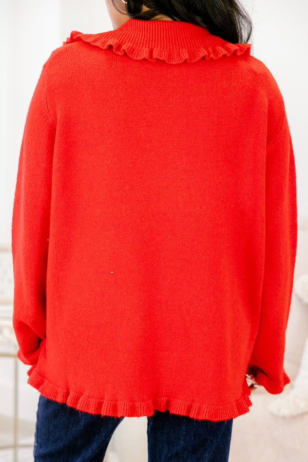 Chic Soul plus size clothing, red long sleeve white button down cardigan with frill peter pan collar and frill at the ends of the sleeves and bottom of top