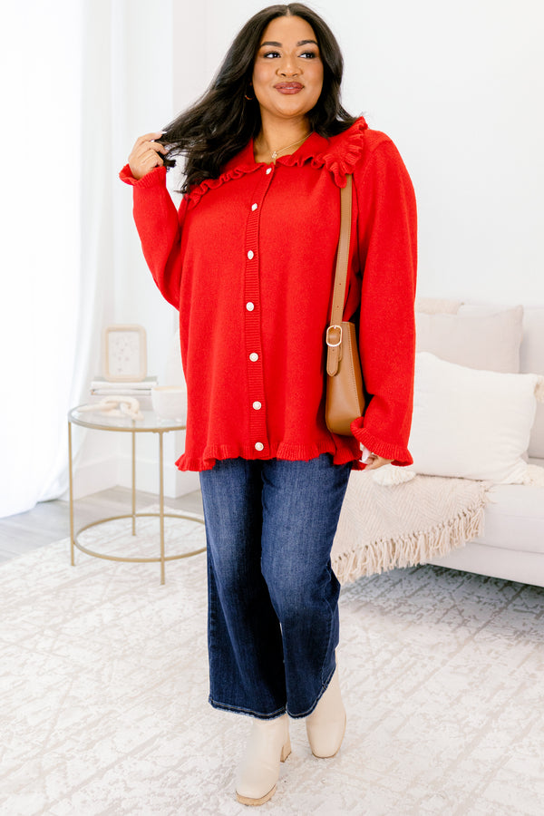 Chic Soul plus size clothing, red long sleeve white button down cardigan with frill peter pan collar and frill at the ends of the sleeves and bottom of top
